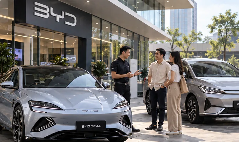 Sales consultant menjelaskan BYD SEAL dan M6 kepada pasangan di depan showroom