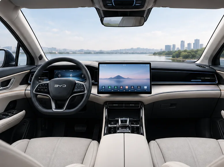 Interior kabin BYD dengan layar sentuh di tengah dasbor